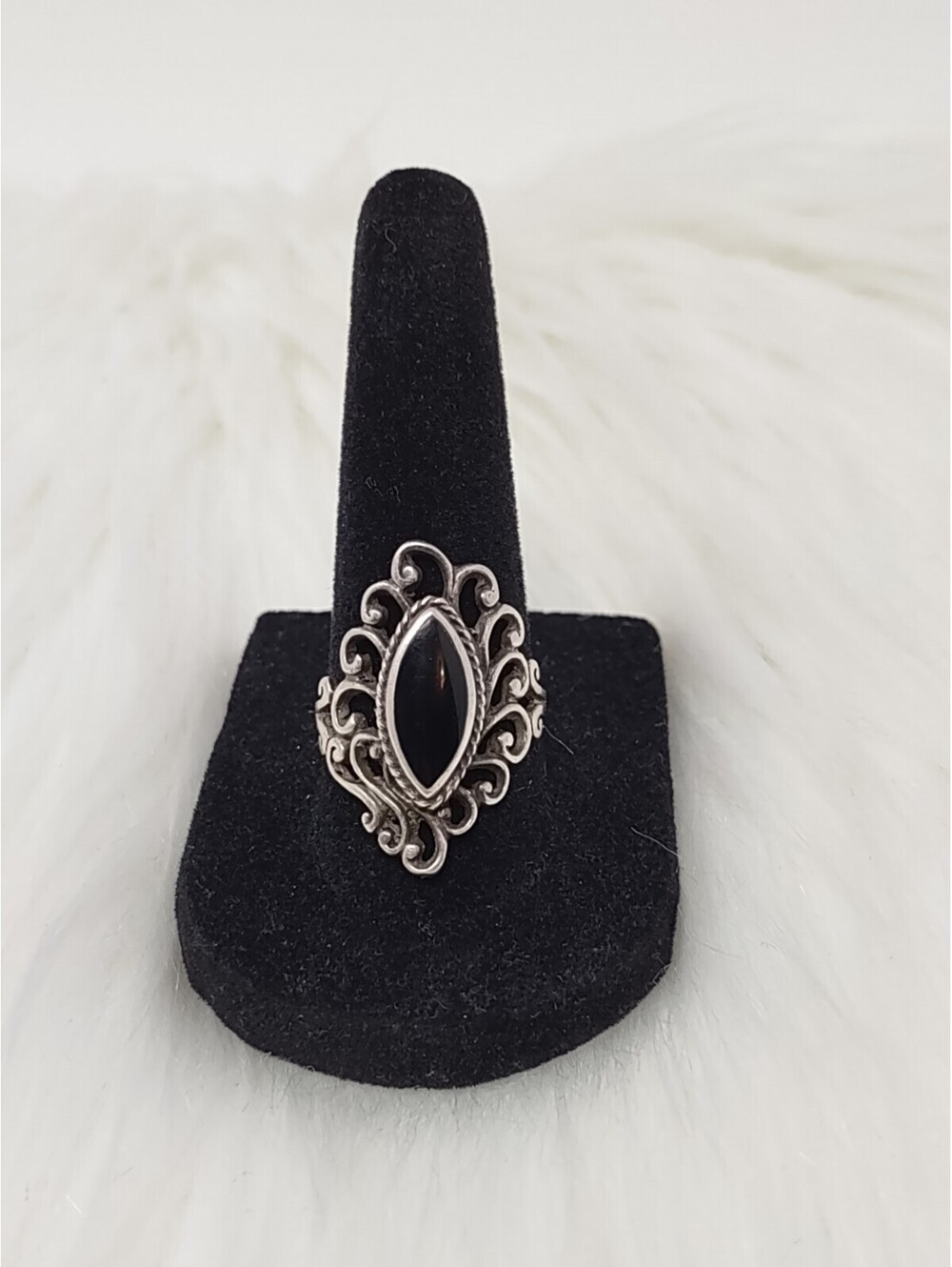 Vintage Thai 925 Sterling Black Onyx Filigree Ring Sz 7.5